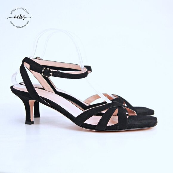 J. Crew Violetta Leather Ankle Straps Kitten Heel Sandals Black Women 11 - Picture 1 of 12